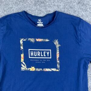 Hurley T-Shirt Mens Size L Blue Graphic Floral Logo Crewneck Short Sleeve Surf